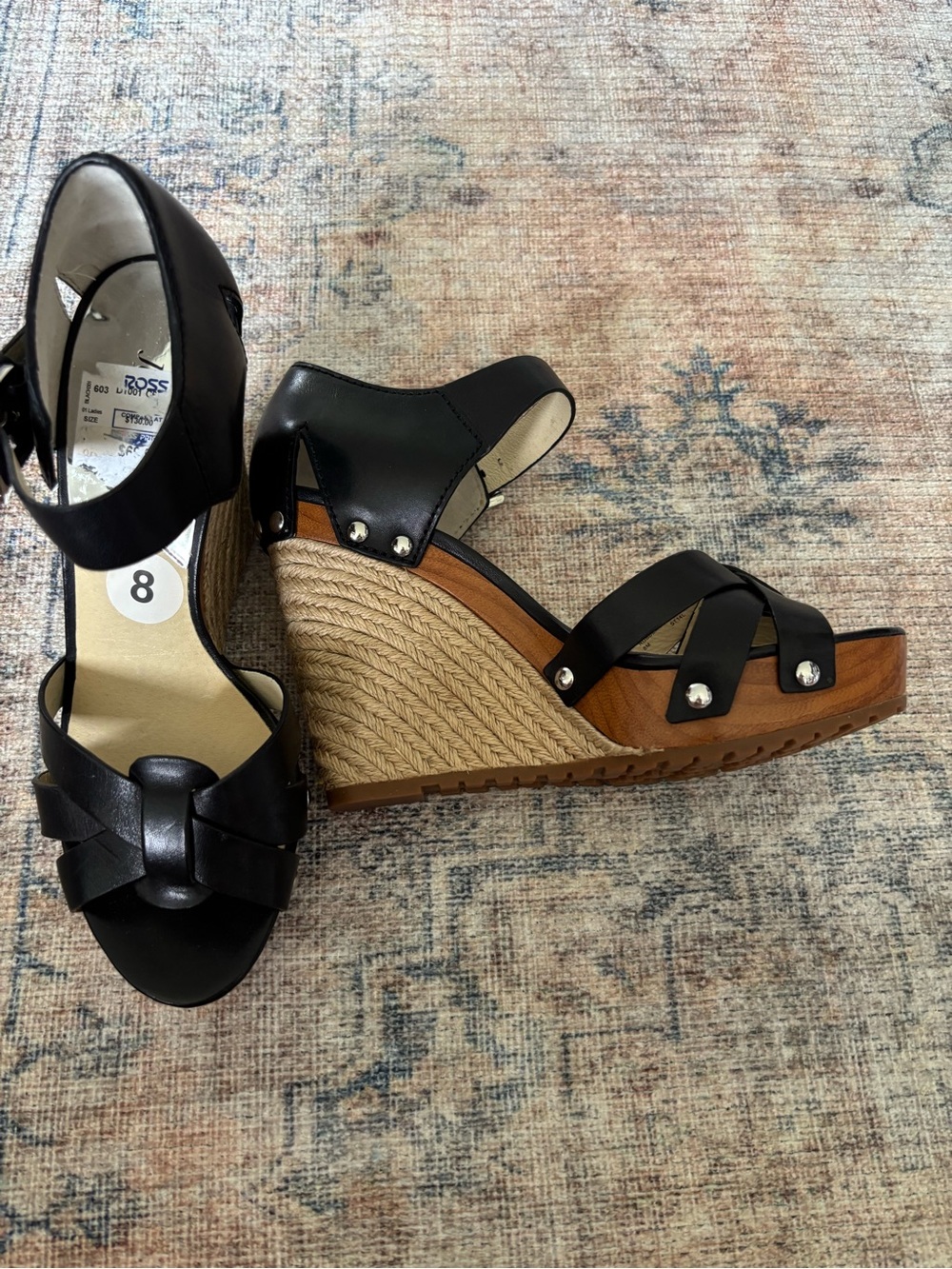 Michael Kors Black Leather Espadrille Wedge Sandals with Buckle - Picture 11 of 15